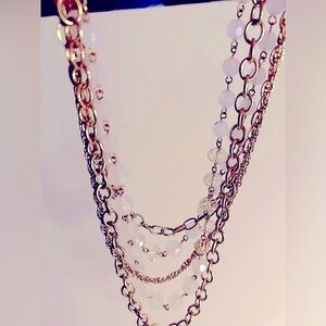 Necklace C Opalite, crystal (faux) beads, gold Multistrand shortest is 20”